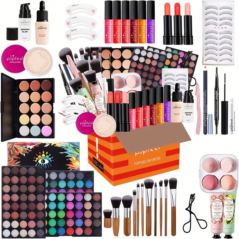 Makeup Gift Set POPFEEL 29-Color Eyeshadow Palette + Mascara + Eyeliner + Brow Pencil + Highlighter Powder + 7-Piece Brush Set | Complete