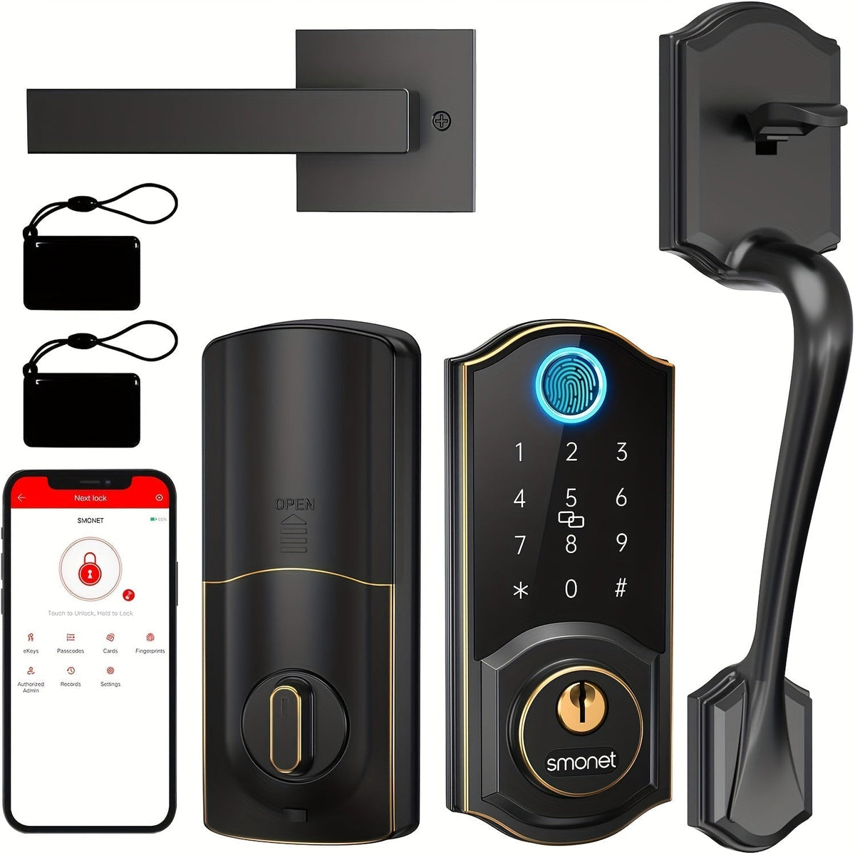 Smart Door Lock SMONET Fingerprint Keypad Bluetooth Deadbolt Handle Set in Bronze Black or Silver