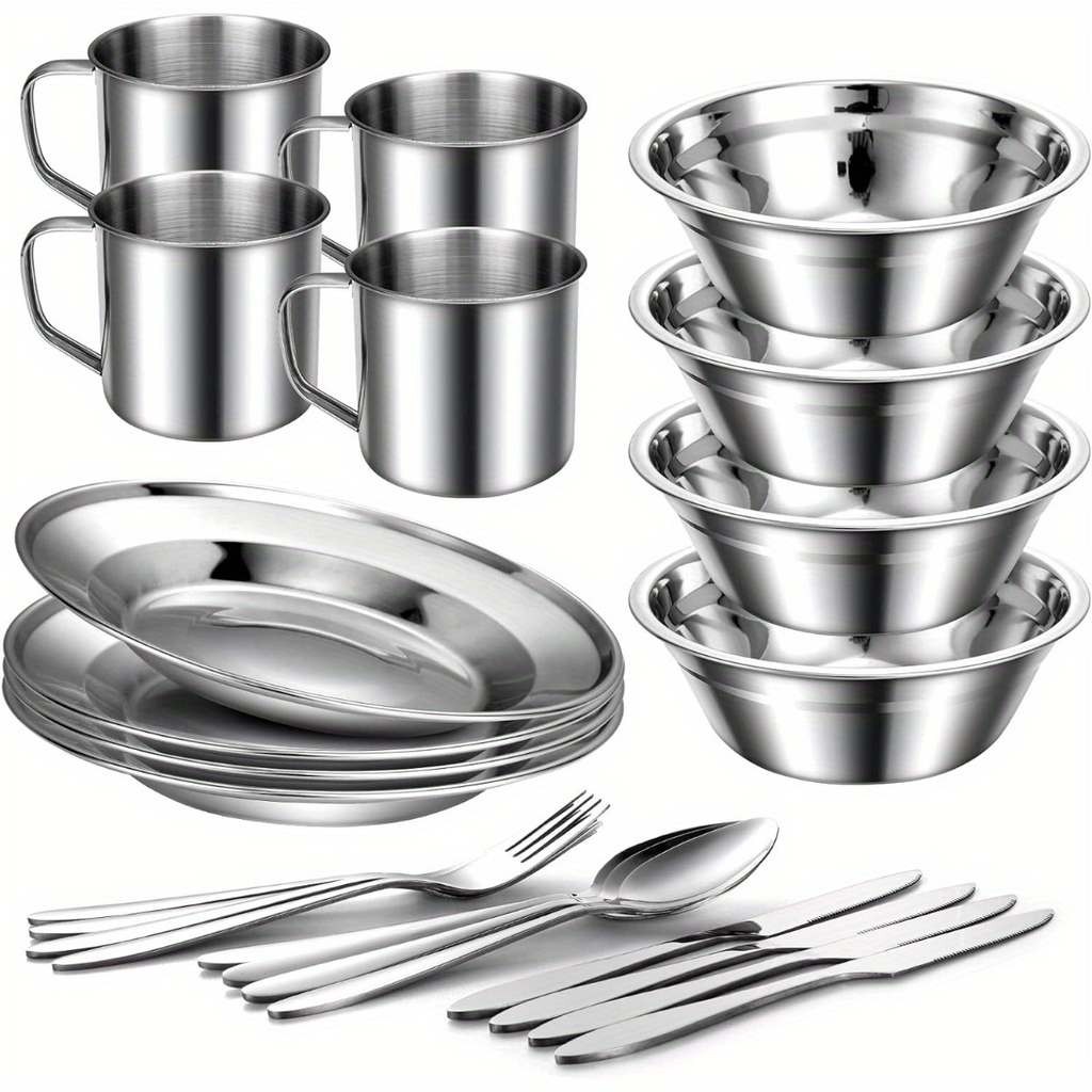 Stainless Steel Camping Mess Kit 29 Piece Dinnerware Set – Plates Bowls Mugs Cutlery, for Camping, Travel and Outdoor Use