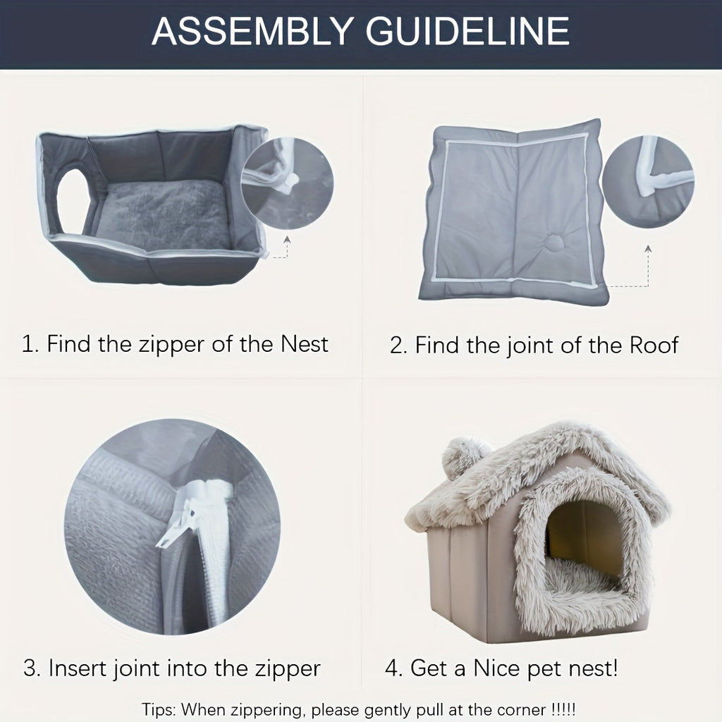 Indoor Dog House Warm Plush Semi-Enclosed – Cozy Cave Bed with Removable Pad & High-Resilience PP Filling | Non-Collapse Dog Kennel