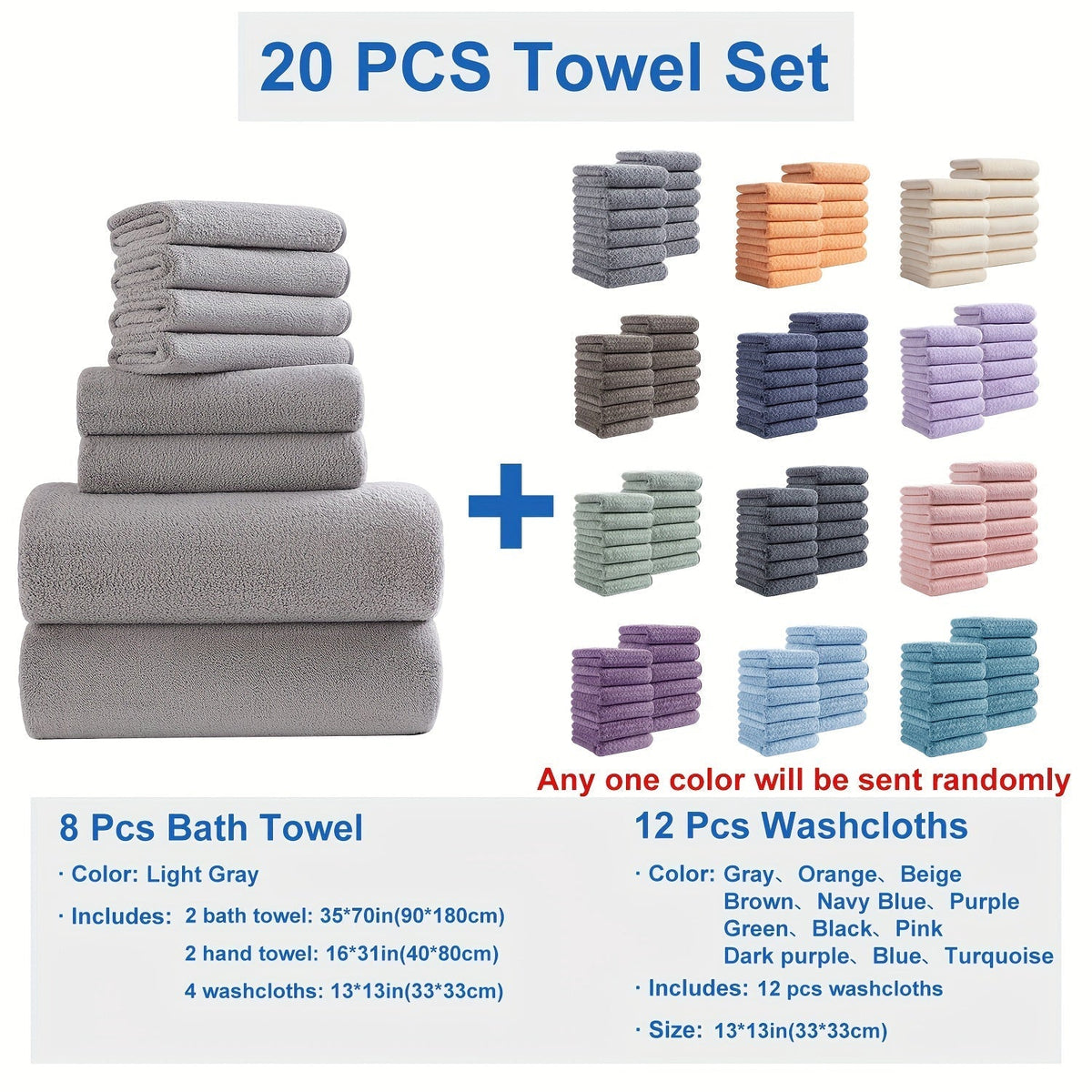 Bath Towel Set 20 Piece 100% Microfiber Absorbent Quick Dry Soft Extra Large Bath Sheets 8 Bath Towels 12 Washcloths Home Bathroom Spa Gift