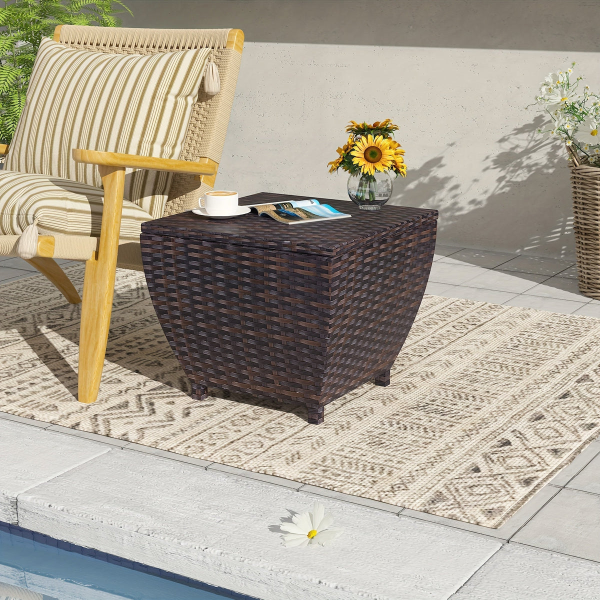 PE Wicker-Look Outdoor Storage Side Table with Flip-Top Lid and Brown, Gray or Black Options