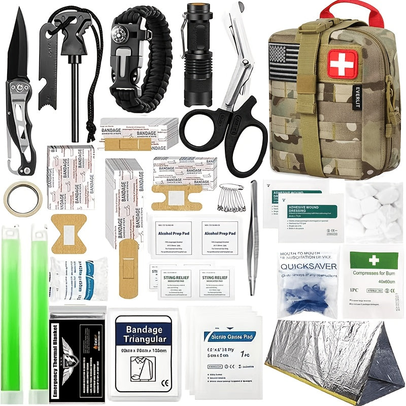 258-Piece Outdoor Survival Kit with Igniter Compass Multi-Tool Professional Camping Gear for Men Hiking Hunting Emergency Khaki Army Green