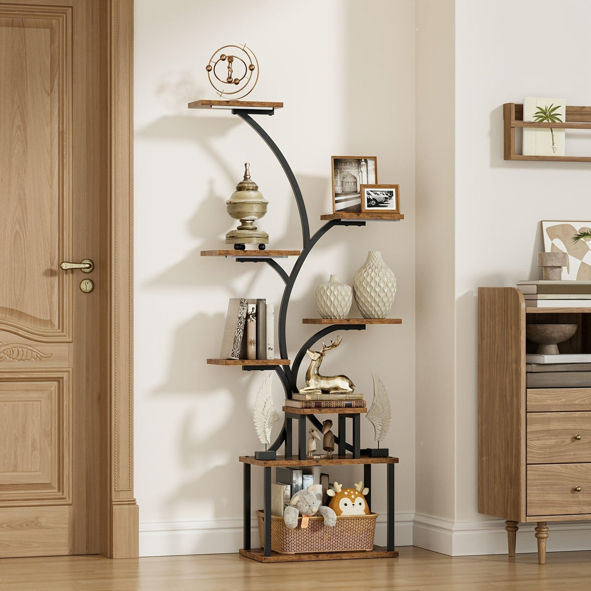 Tree-Style Floor Display Shelf with Six- or Eight-Tier Black and Brown Platforms and LED Light Strip