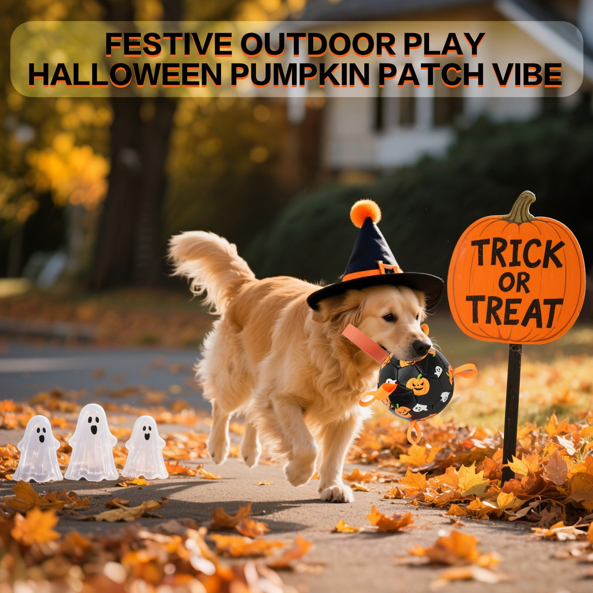 Halloween Dog Ball Toy with Pump – Football Shaped Chew Ball for Dogs, Pumpkin Ghost Design, Durable Rubber Fetch Toy