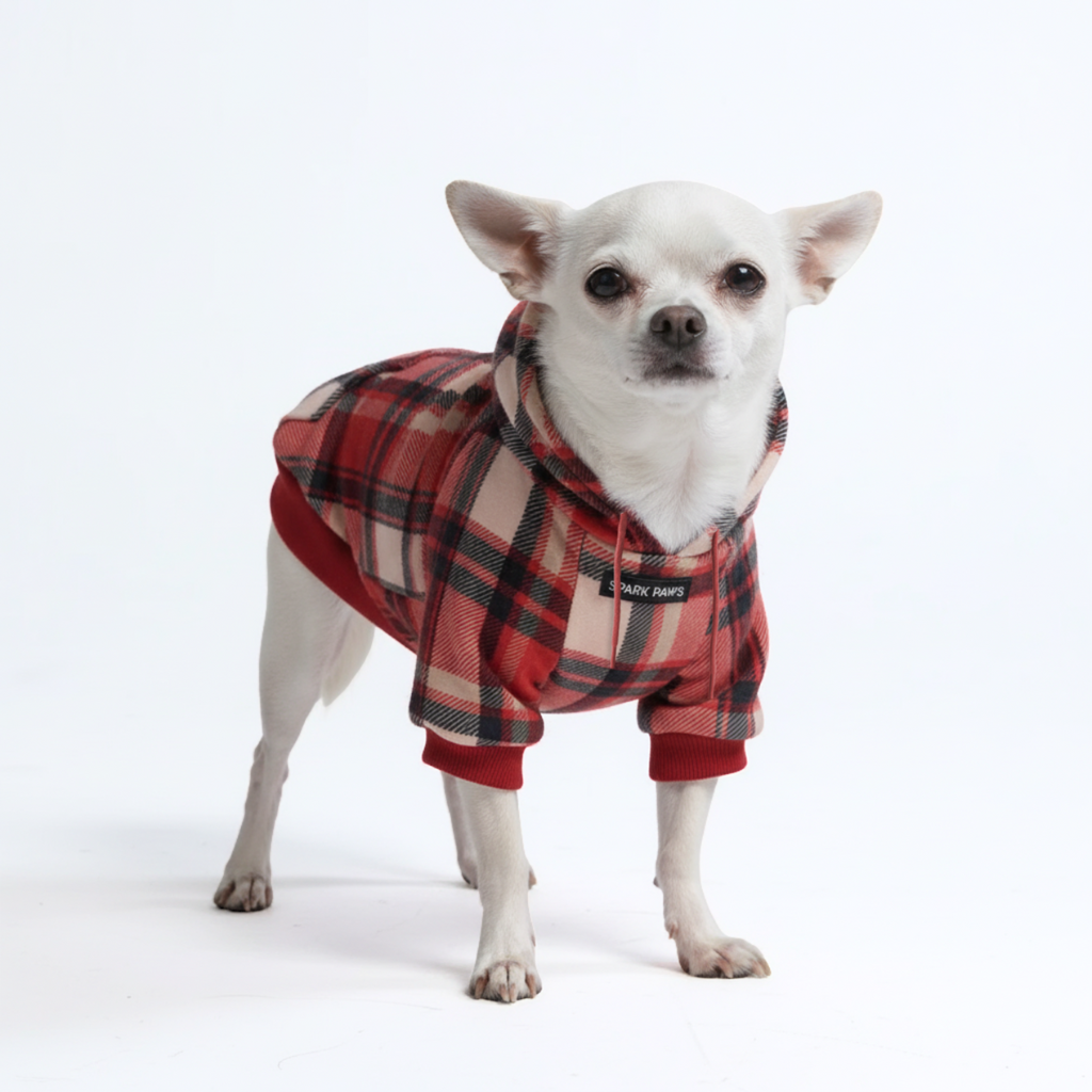 Red Plaid Fleece-Lined Dog Hoodie, S