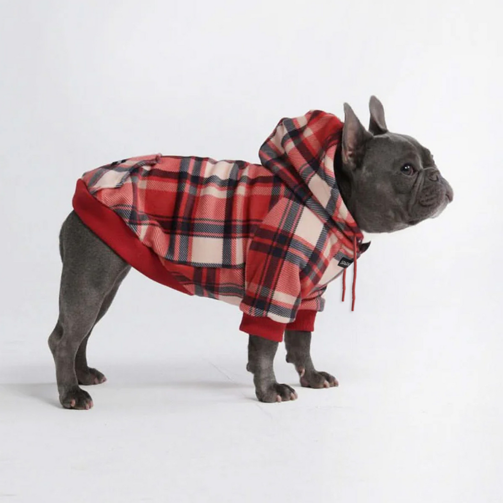 Red Plaid Fleece-Lined Dog Hoodie, L