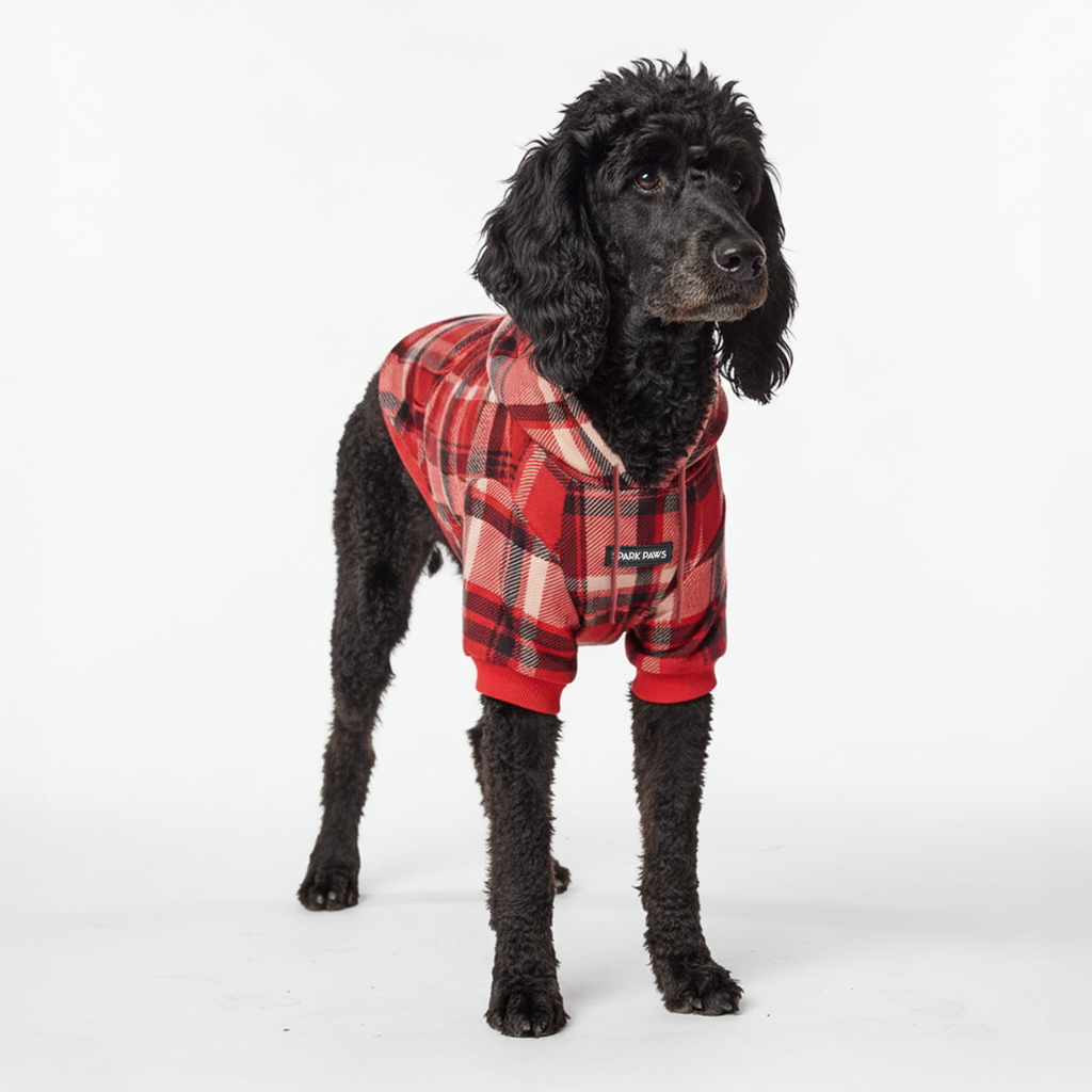 Red Plaid Fleece-Lined Dog Hoodie, 2XL