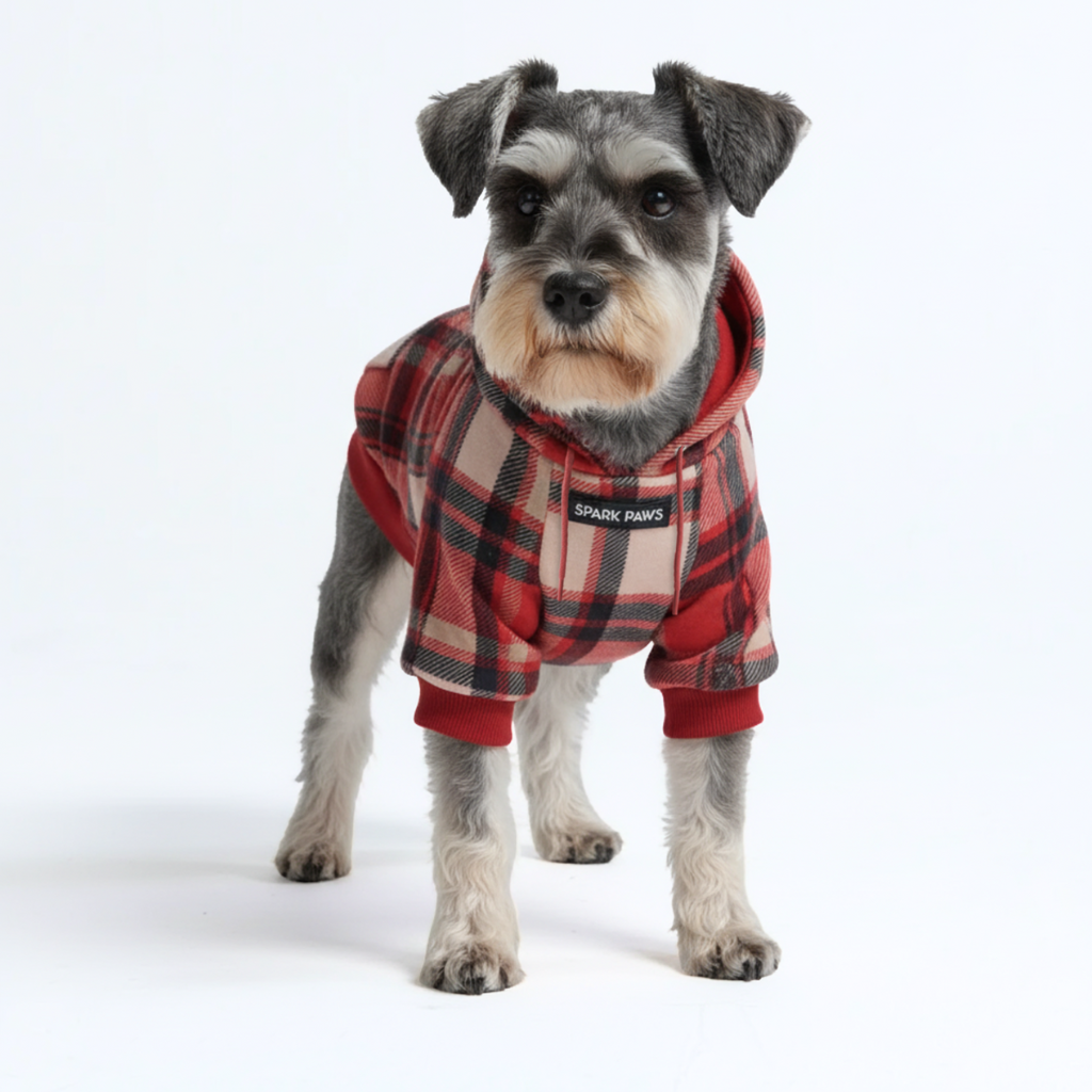 Red Plaid Fleece-Lined Dog Hoodie, M