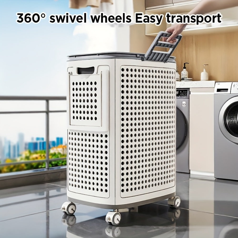 Wheeled Laundry Hamper Large Foldable with Dividers & Dust-Proof Lid – 360° Breathable Mesh Basket on Wheels, Reinforced Steel Base
