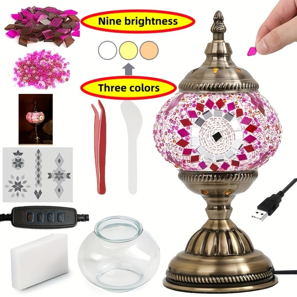 DIY Turkish Moroccan Mosaic Lamp Kit Handmade Glass Metal Brass Dimmable Bohemian Table Light for Entryways, Bedrooms and Living Spaces
