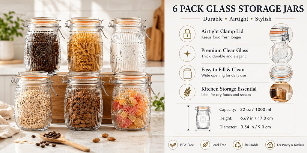 Mason Jars 6-Pack, 32 oz Wide-Mouth Glass Canisters with Hinged Lids and Sunflower Pattern for Coffee, Sugar, Beans and Spices