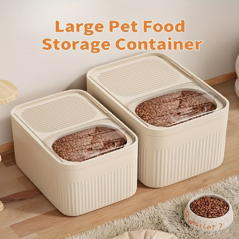 Ribbed Beige Pet Food Storage Bin with Clear Top Access Panel and Rectangular Lidded Design