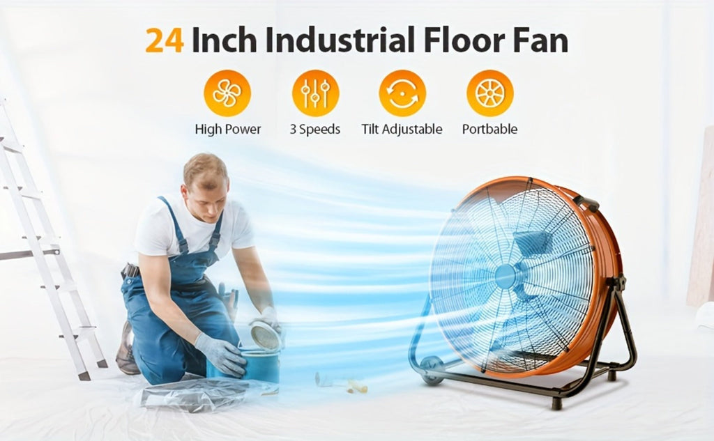 Industrial Drum Floor Fan with Three Speeds, Tilt Frame and 24- or 30-Inch Black, Orange, Green or Yellow Options