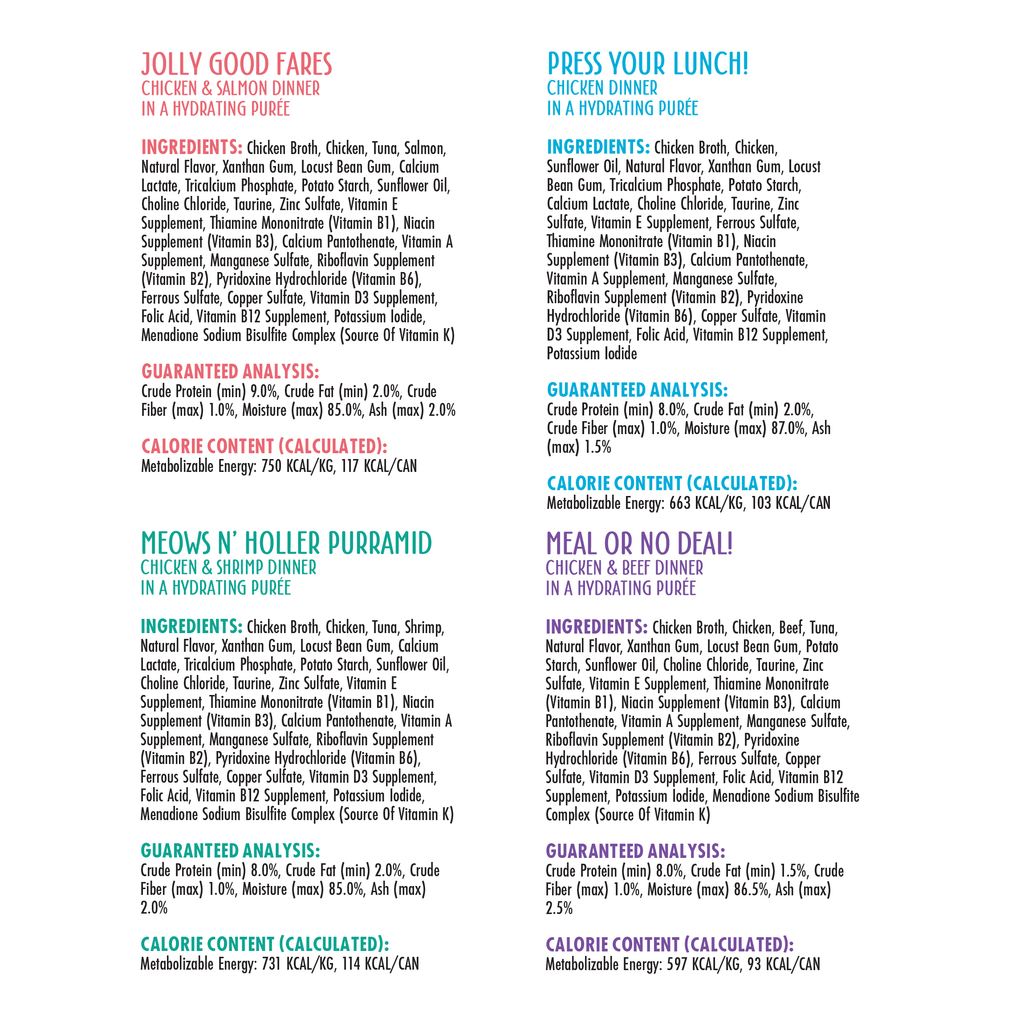 A chart displays four Weruva The Suppertime Sweepstakes cat food varieties in colored boxes, listing ingredients, nutrition facts, and calories per can. Each paté highlights a high-quality protein as the main ingredient.