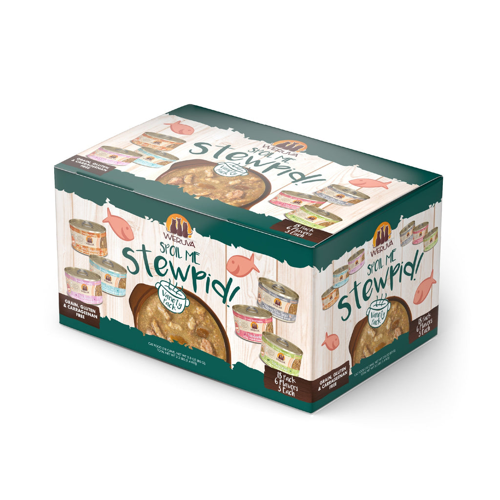 A rectangular box of Weruva Cat Stew, labeled “Spoil Me Stewpid!” and featuring images of wild-caught salmon and cage-free chicken cans, a bowl of cat food, and colorful fish with wooden plank graphics on the packaging.