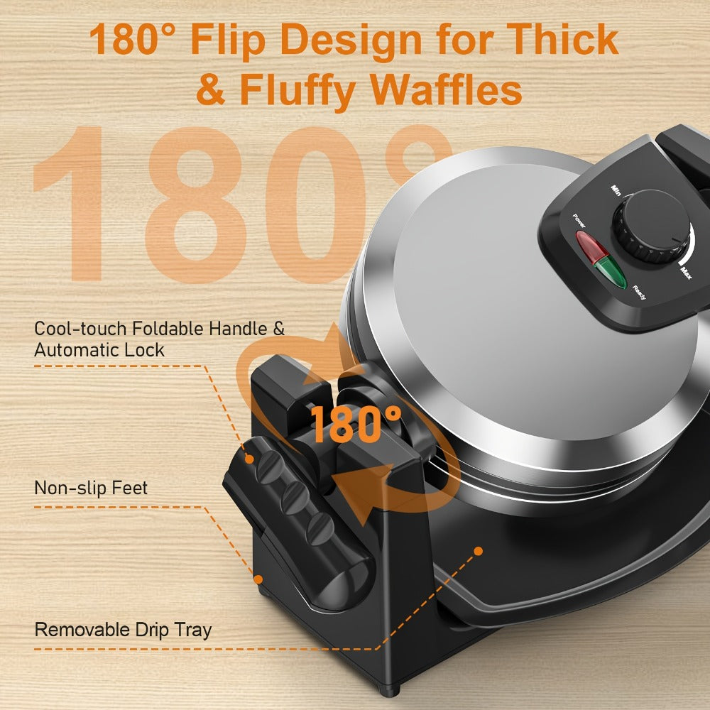 Rotating Waffle Maker with Round Plates, Browning Dial and Silvery, Double-Iron or Black-and-White Options