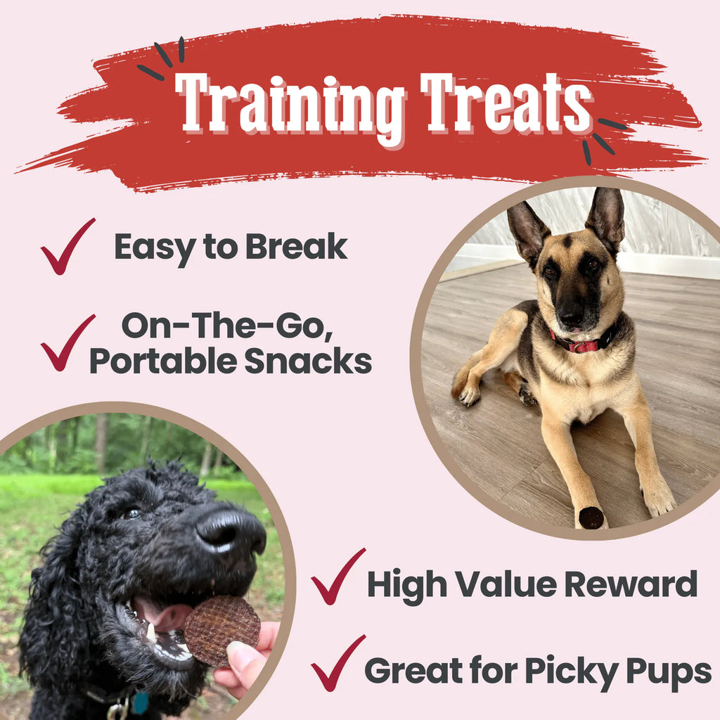 Dog training treats with Farm to Pet advertisement with images of two dogs and text highlighting features.