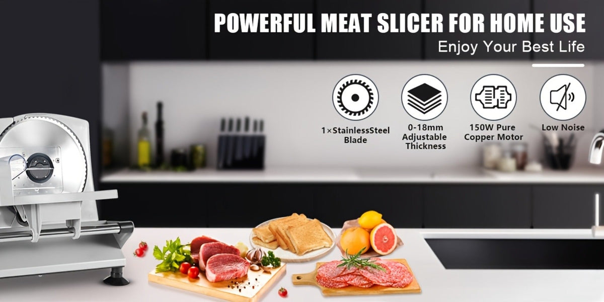 Electric Meat Slicer for Home, 6.7" Stainless Steel Blade, 150W Deli Food Slicer with Adjustable 0-15mm Thickness for Cold Cuts