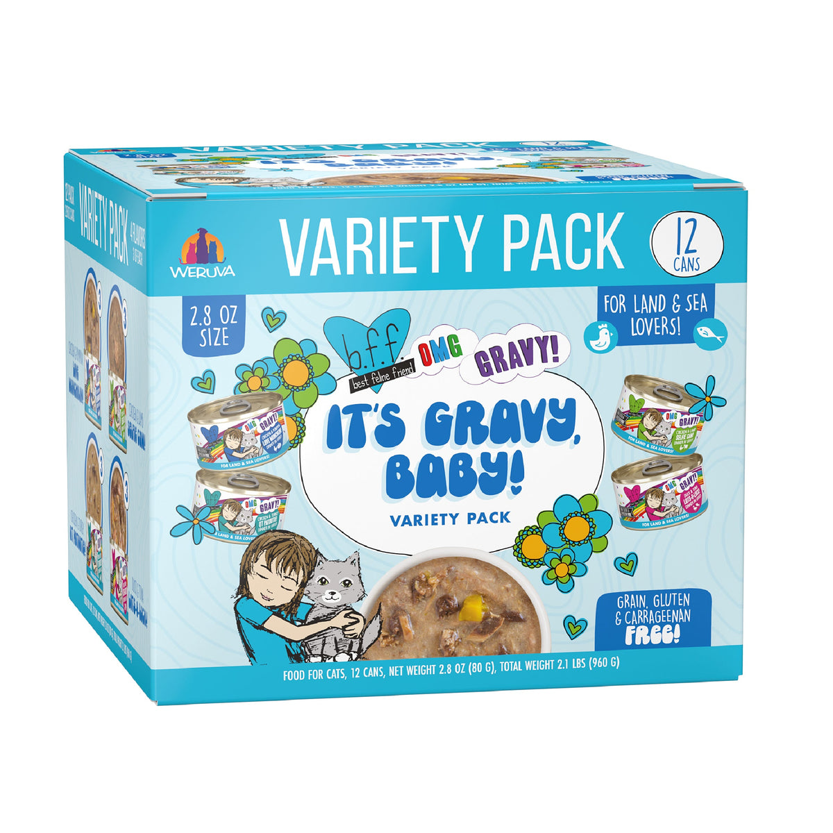 A blue box of BFF Best Feline Friend It’s Gravy, Baby! cat food variety pack with 12 cans, playful graphics, and text noting it’s free of grain, gluten, and carrageenan.