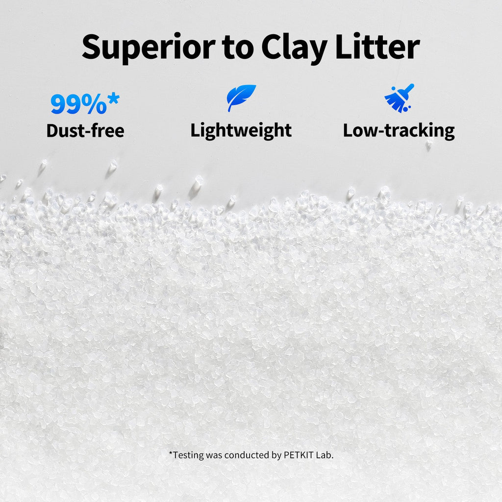 Lightweight, dust-free crystal cat litter with low tracking and superior performance