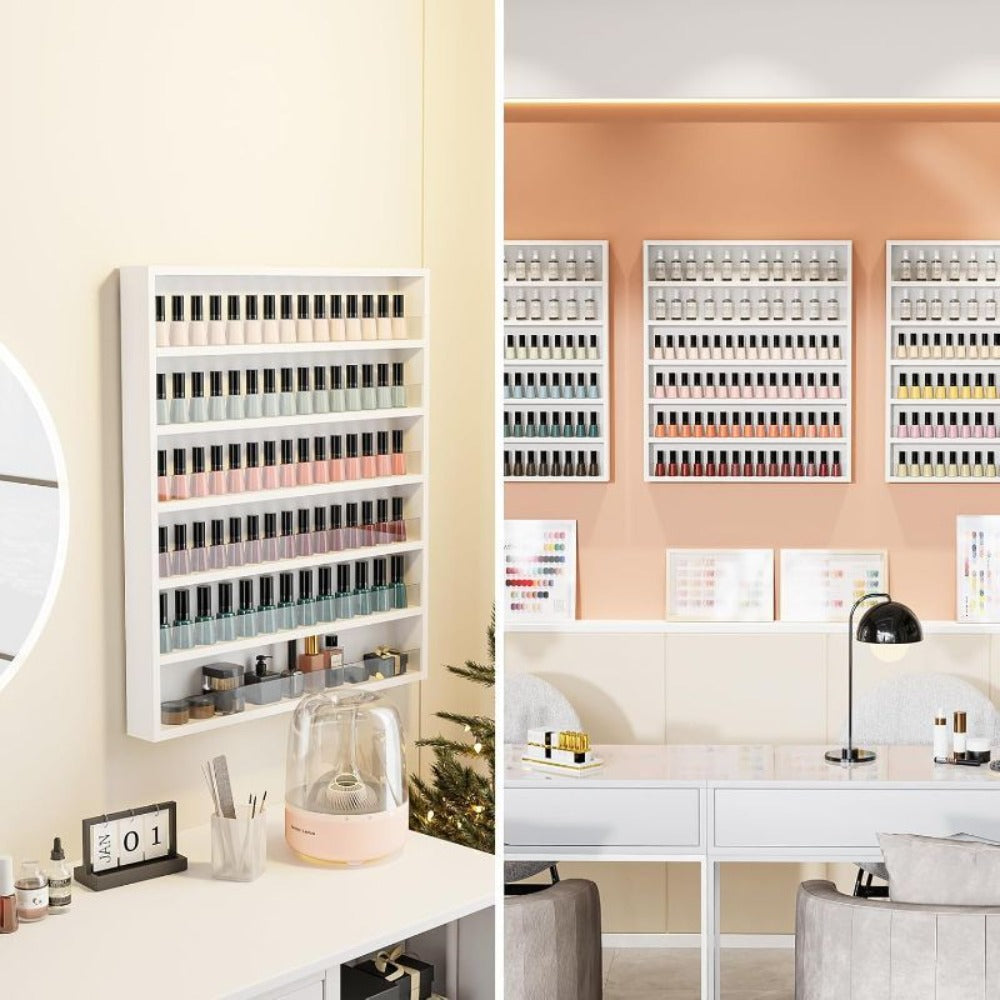 Wall Mount Nail Polish Rack 6 Tier Holds 120 Bottles with Acrylic Baffles – Large Nail Varnish Display Shelf Organizer for Salon Home White
