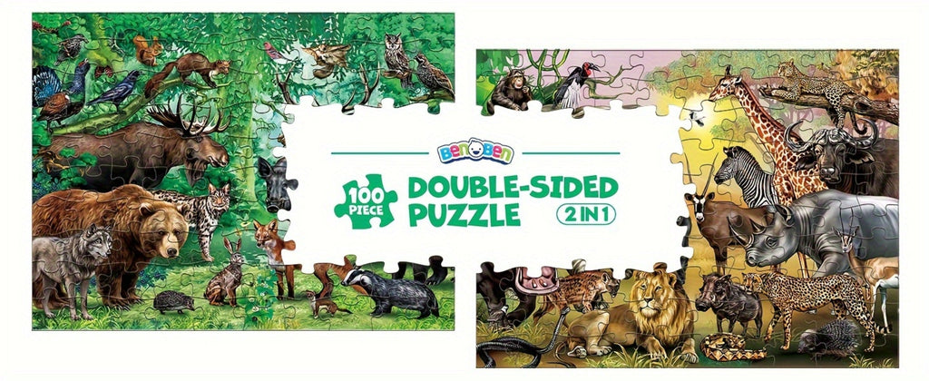 Double Sided Puzzle for Kids 100 Pieces Jungle Animals, 2-in-1 Jigsaw Educational Toy for Boys & Girls Ages 3 4 5 6 7 8