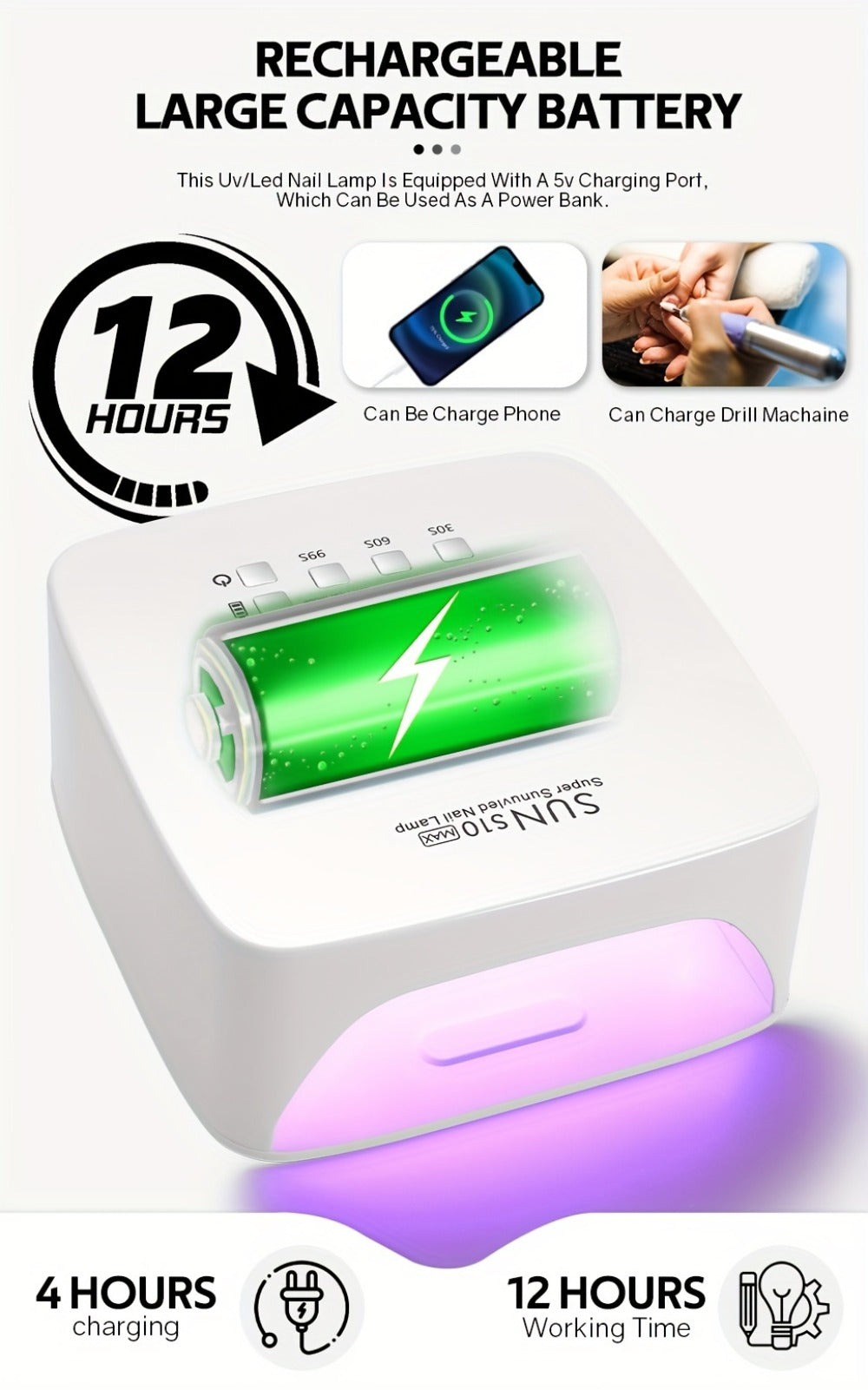 LED Nail Lamp Rechargeable HD Display Smart Nail Dryer Fast Cure All Gel Polish UV Light Cordless Portable Low Heat Mode Home Salon