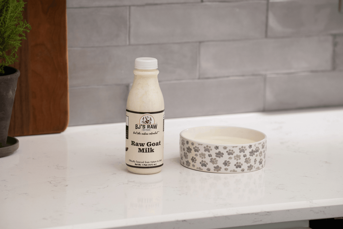 BJ's Raw Goat Milk for dogs and cats in 16 oz bottle