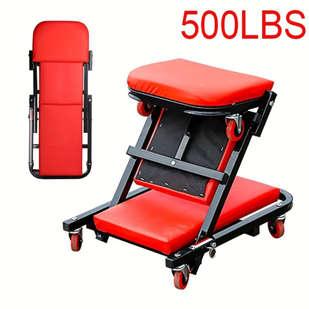Mechanic Creeper Seat & Rolling Work Stool – Foldable 2-in-1 Auto Repair Crawler, 300 lb Capacity, Adjustable Height, 6 Swivel Wheels