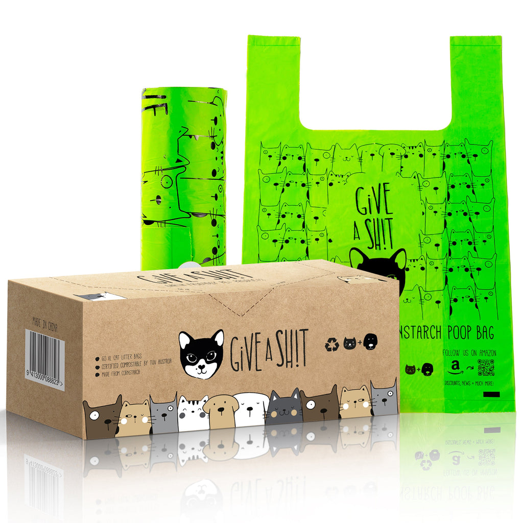 GIVE A SH!T certified compostable cat litter bags 60 pack, TÜV Austria OK Compost Home certified, best seller, 18 micron thick extra large for cat litter and large dog waste disposal