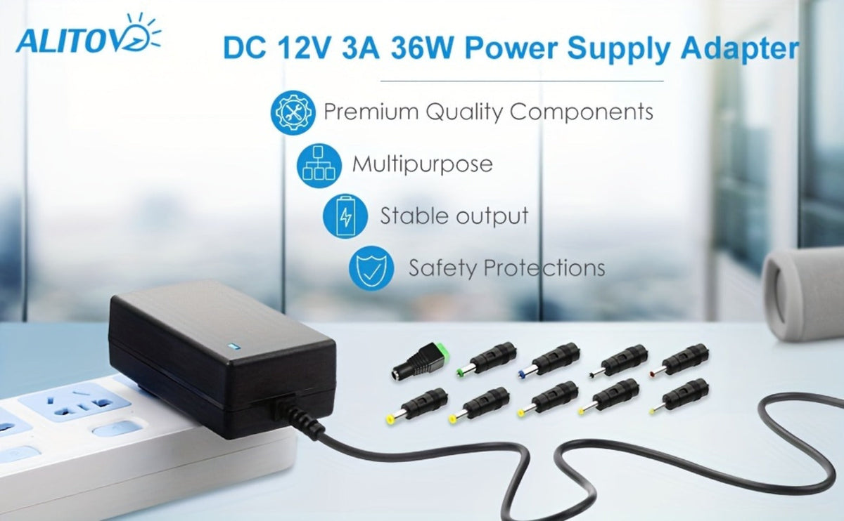 Fixed 12V 3A AC/DC Power Adapter with 36W Label, US Plug and Ten Interchangeable Connector Tips