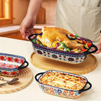 Ceramic Baking Dish Set of 2 Large 13 Inch Rectangular Casserole Dish Porcelain Bohemian for Entryways, Bedrooms and Living Spaces