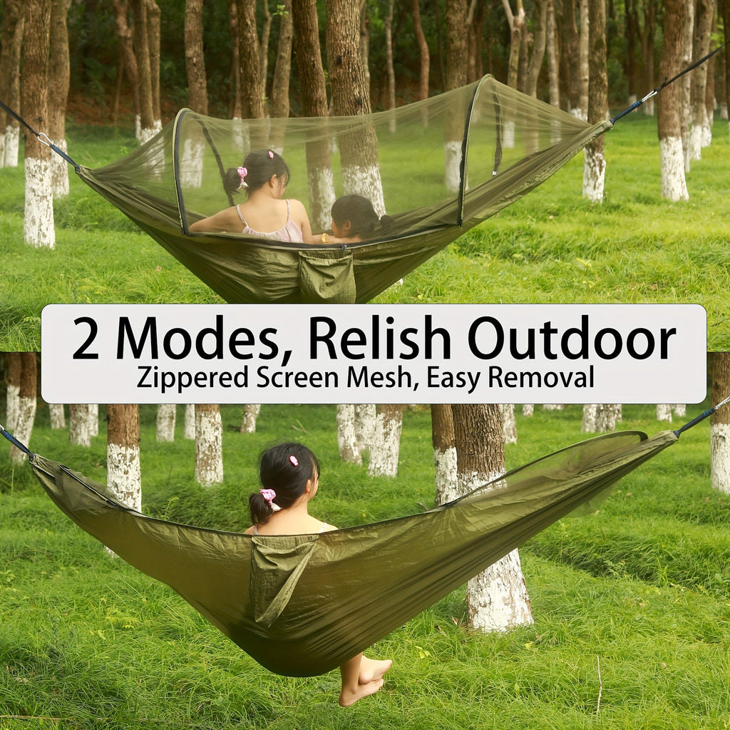 Double Camping Hammock with Zippered Mosquito Net, Sun Shade and Seven Color Checkouts for Outdoor Trips