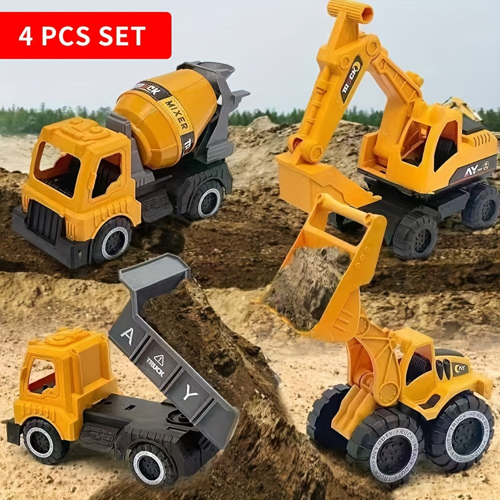 4-Piece STEM Construction Toy Vehicle Set for Toddlers, Shatterproof Excavator Mixer Dump Truck Bulldozer