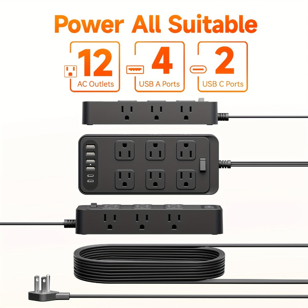 Power Strip 18-in-1 with 12 AC Outlets, 6 USB Ports, Master Switch and 5- or 10-Foot Cord Options