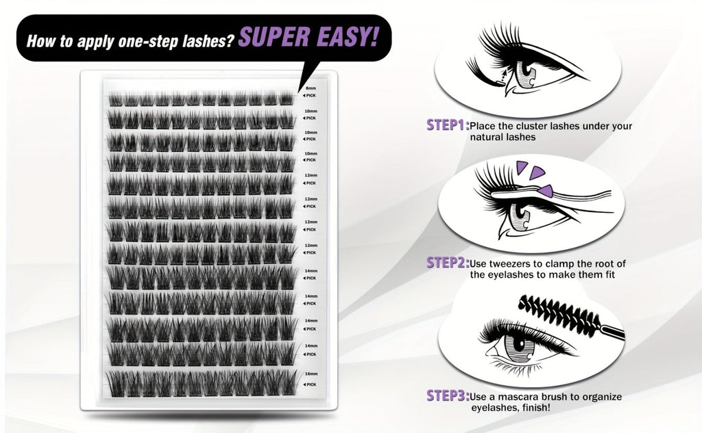 156-Piece Mixed Self-Adhesive Lash Cluster Tray with Black Tweezers and Spoolie Brush in Mixed Style