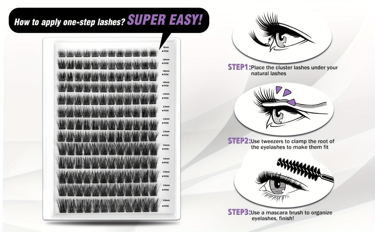156-Piece Mixed Self-Adhesive Lash Cluster Tray with Black Tweezers and Spoolie Brush in Mixed Style