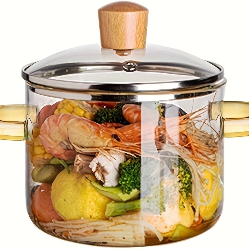 Borosilicate Glass Pot with Lid 50oz Stovetop & Microwave Safe – Double Heat-Resistant Handles for Soup, Milk & Porridge | Transparent Glass