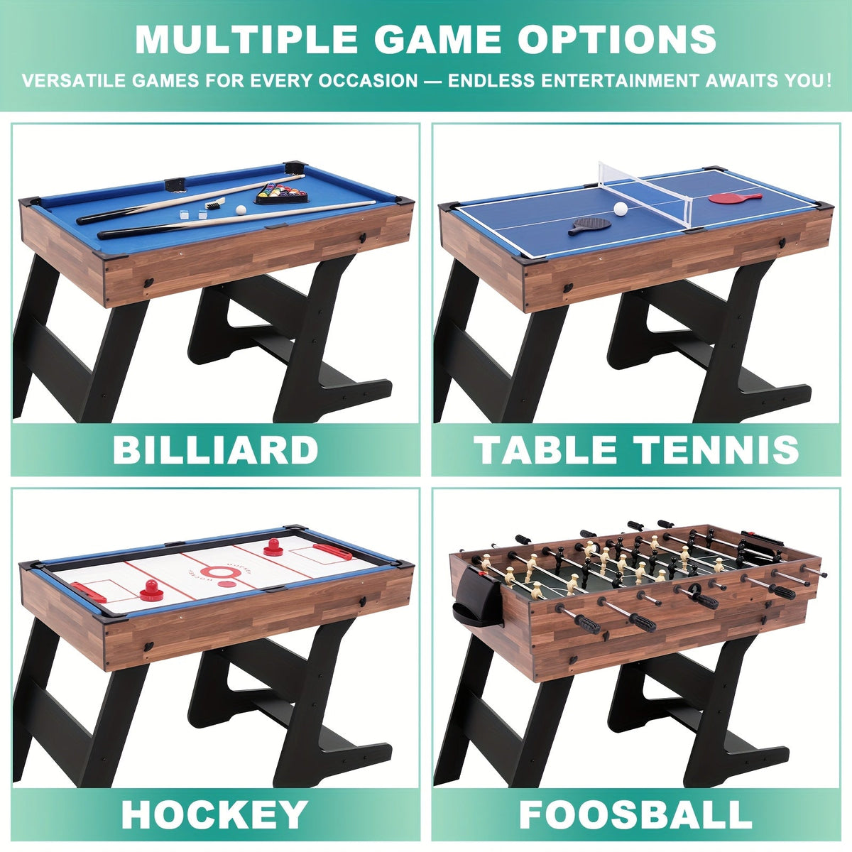 4-in-1 Multi-Game Table 54 Inch Foldable – Table Tennis, Air Hockey, Billiards & Foosball – Combo Game Table for Adults