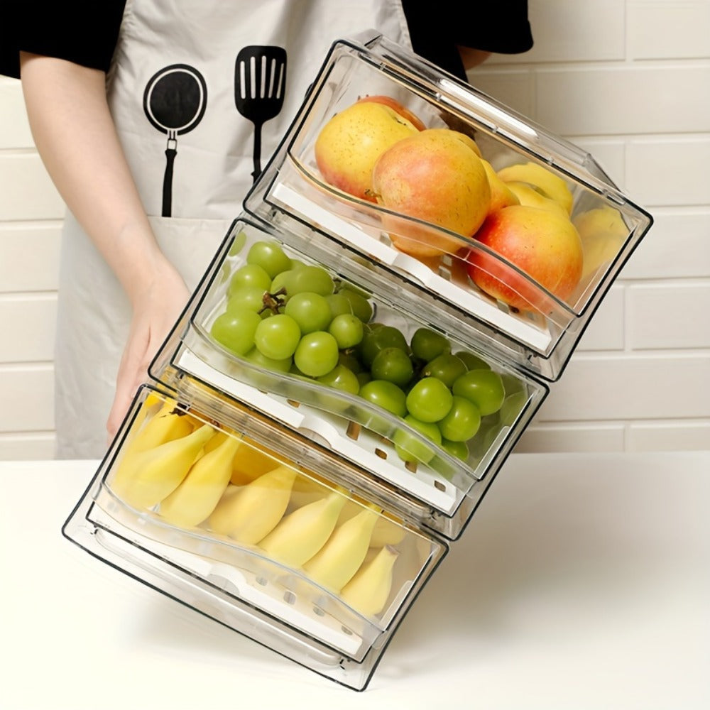 Stackable Fridge Organizer Bins with Drain Board 2 Pack, Refrigerator Drawer Organizer for Produce Fruit Vegetable