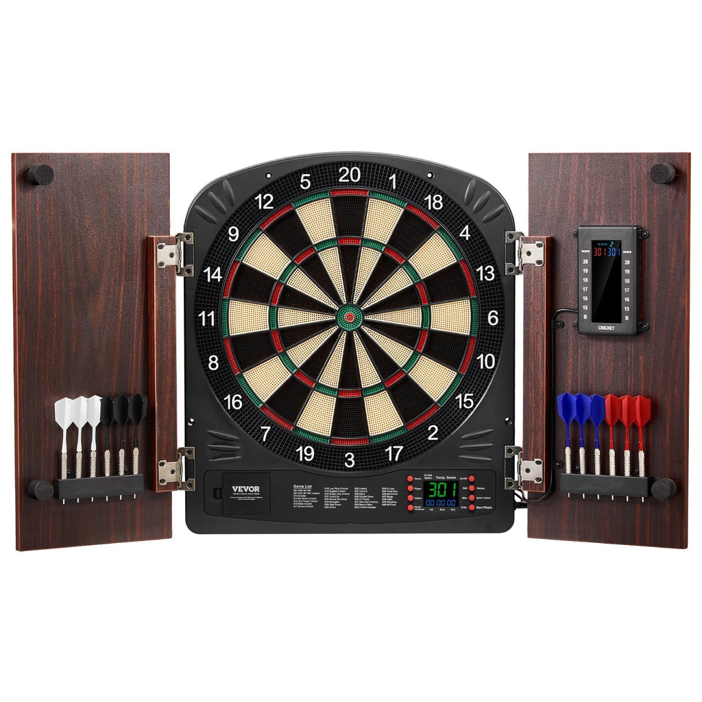 Electronic Dartboard Cabinet Set with LED Scoring – 13.5" Soft Tip, 40 Games 590 Variations, Retro Wood Cabinet, 1-8 Players
