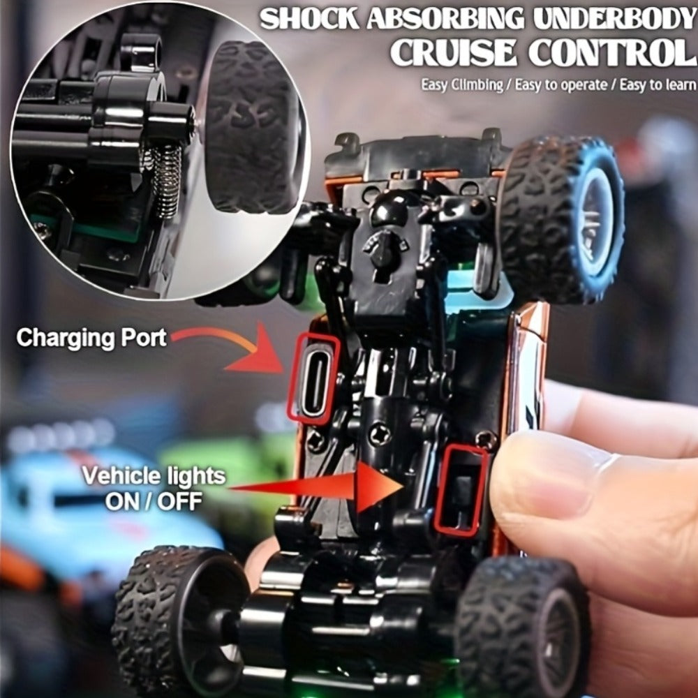 Mini RC Truck Toy 1:64 Scale 2.4GHz Off-Road Alloy Crawler with Detachable Trailer Body Lights & LED Headlights