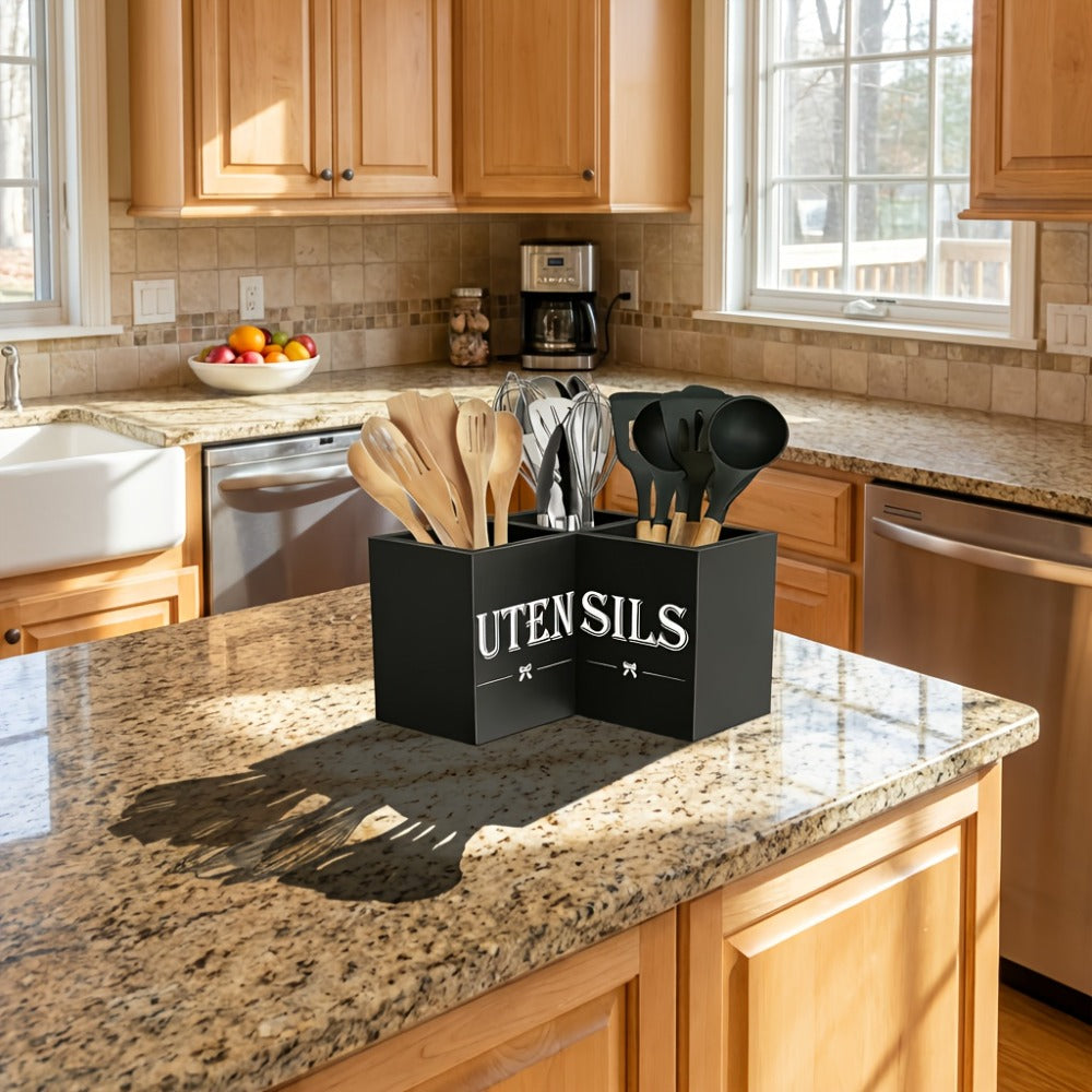 Utensil Caddy Kitchen Organizer 3-Compartment Solid Wood Countertop Holder in Black Farmhouse Style