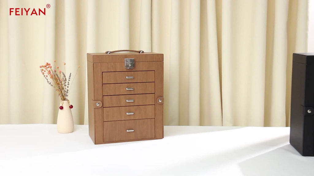 Jewelry Organizer 6-Tier Brown Storage Box with 5 Drawers, Built-In Mirror and Key-Lock Closure