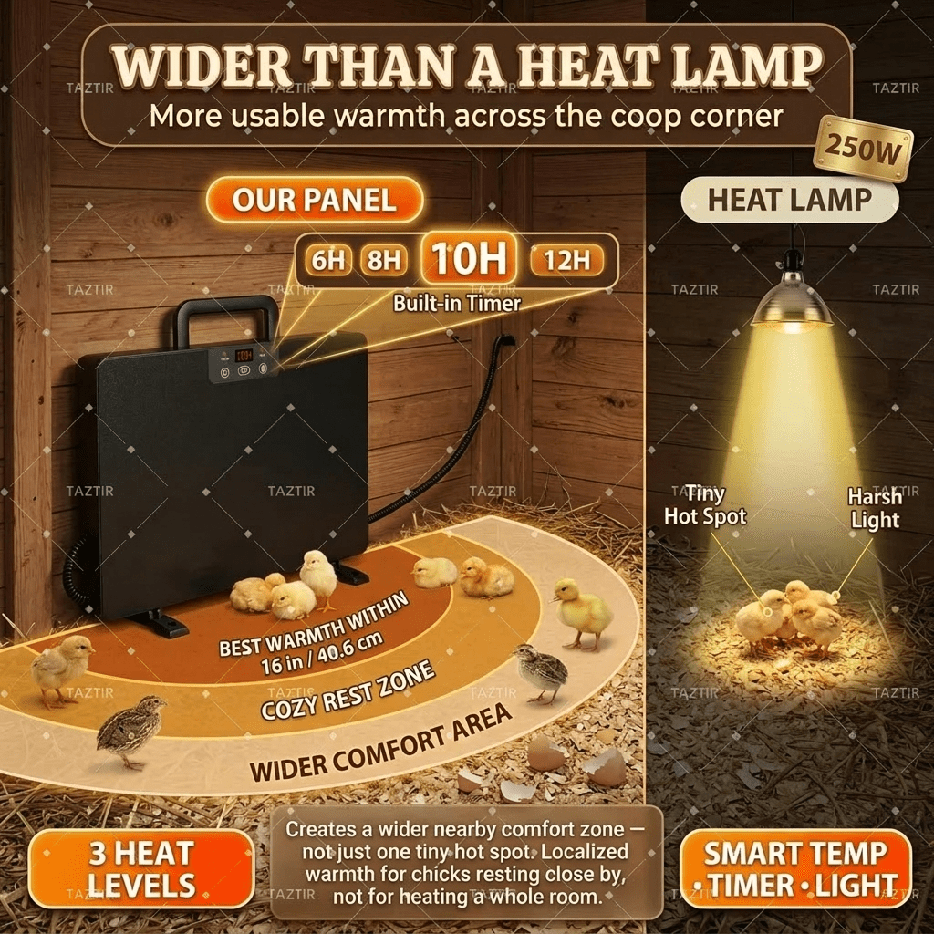 Brooder Heater 250W Heating Panel for Chicks, Ducklings & Quail, 3 Heat Levels, 4-Timer Settings
