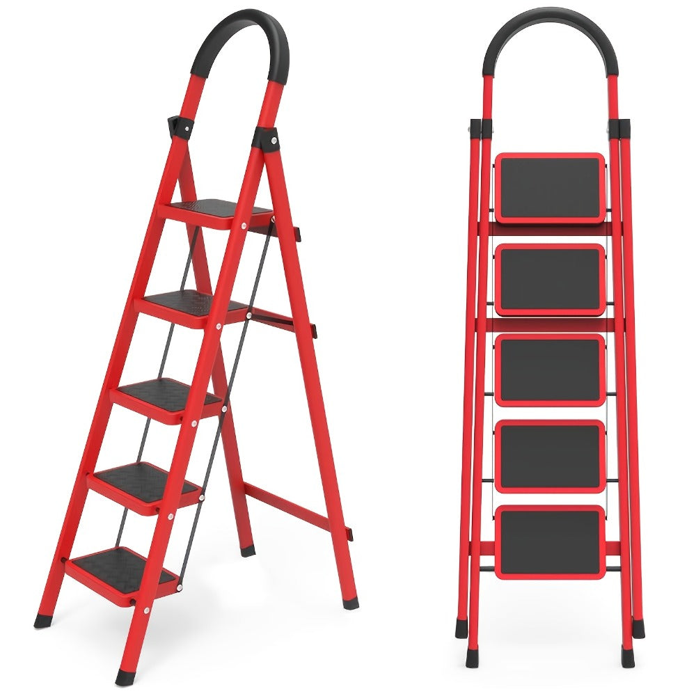 Red Five-Step Folding Ladder, 55.1 Inches Open with Padded Handrail, Side Tool Holder and Ribbed Treads