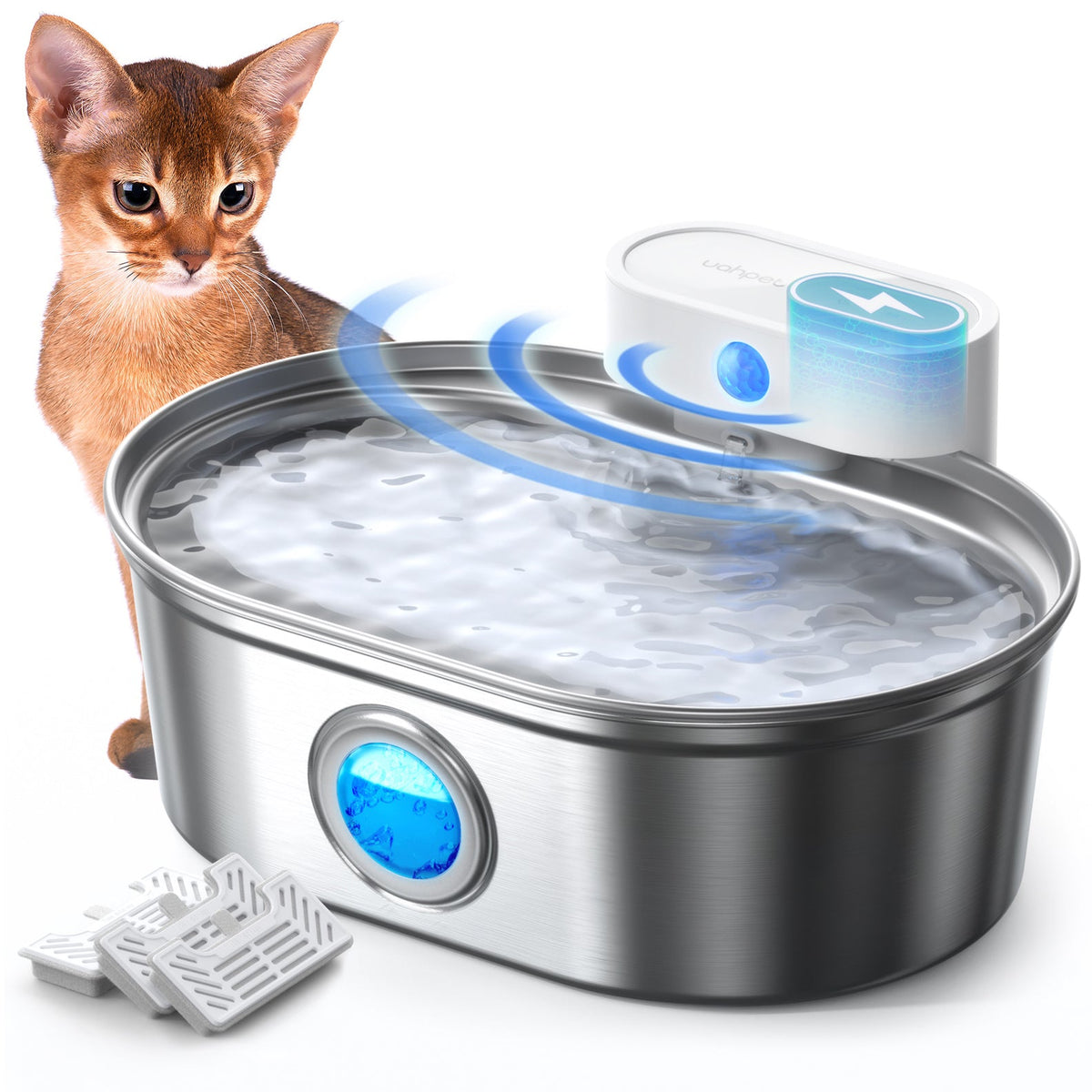 Wireless Stainless Steel Pet Water Fountain, 1*Fountain pro & 3*Filters