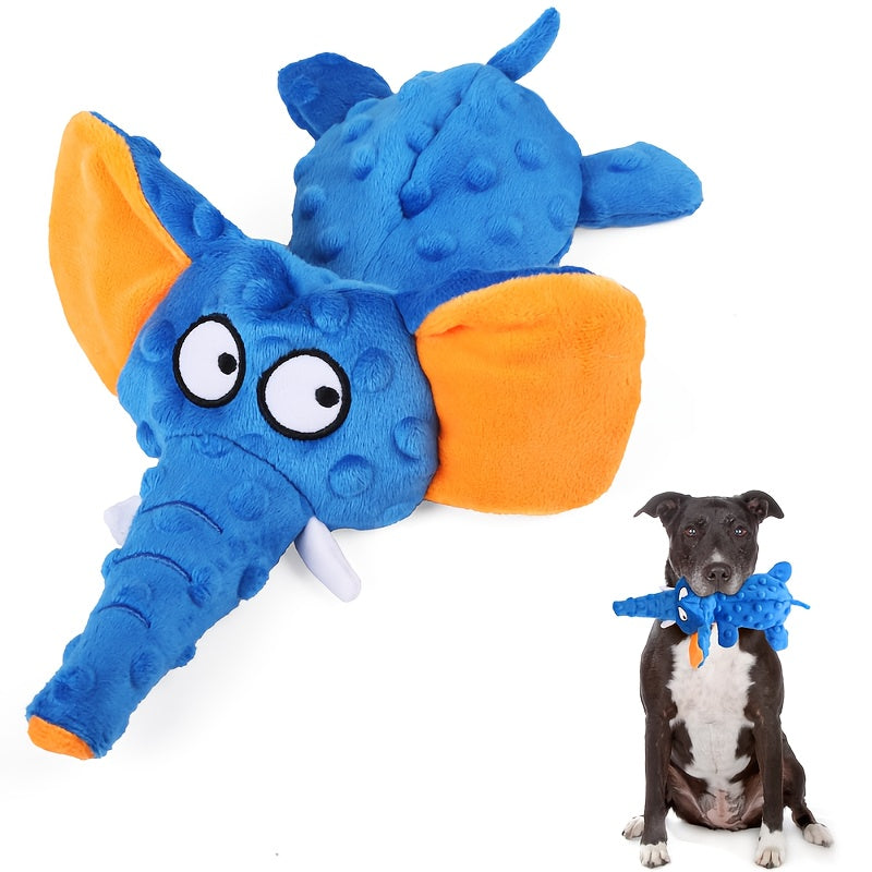 Unstuffed Elephant Squeaky Dog Toy with Crinkle Fabric in Blue or Blue-and-Purple Checkout Options