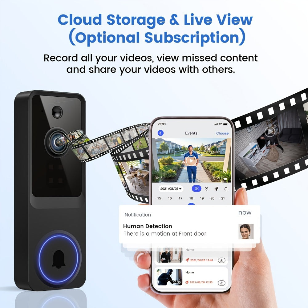 Video Doorbell 2K Wireless Camera with Night Vision, Two-Way Audio, Rechargeable Power and Local Storage Support